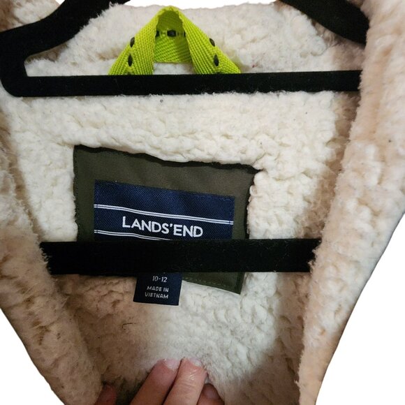 Lands End Kids Fleece-Lined Winter Jacket With Hood Size 10-12 Green & White - Picture 3 of 3